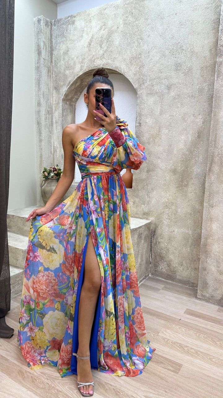 Drevia | Women's Floral One-Shoulder Puff Sleeve Slit Maxi Dress 2