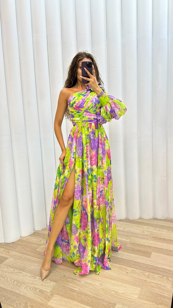 Drevia | Women's Floral One-Shoulder Puff Sleeve Slit Maxi Dress 3