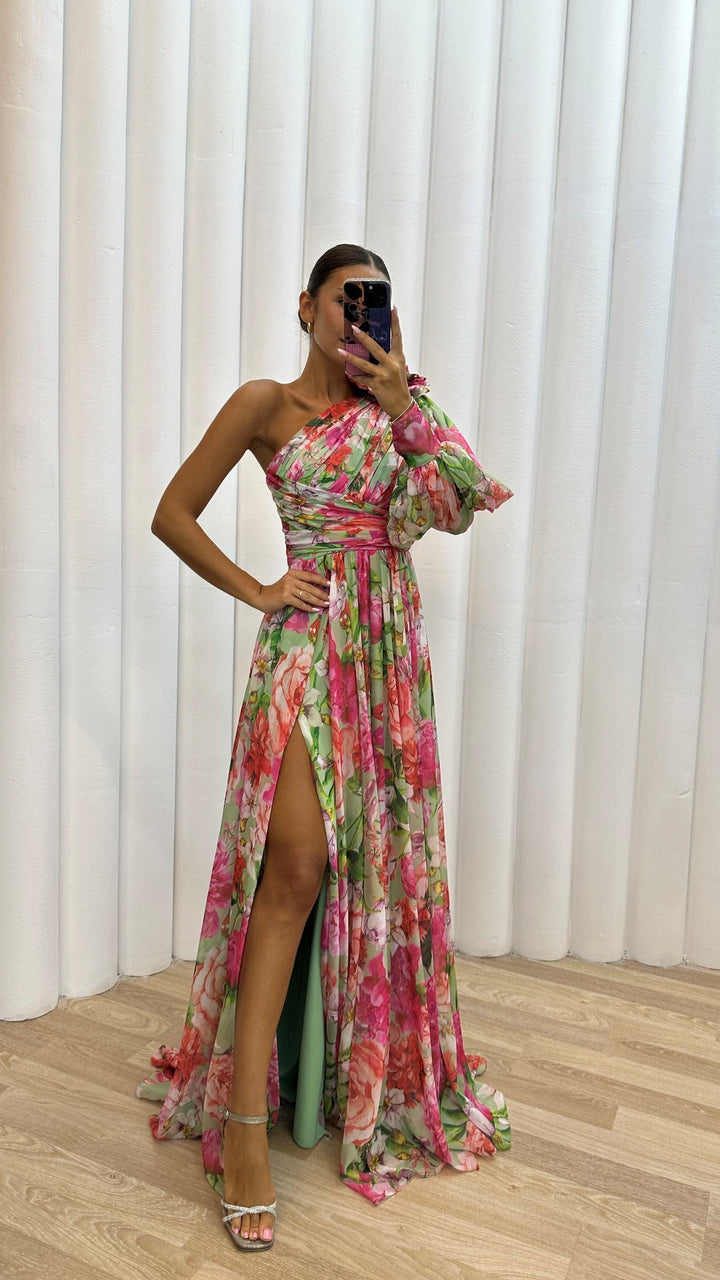 Drevia | Women's Floral One-Shoulder Puff Sleeve Slit Maxi Dress 4