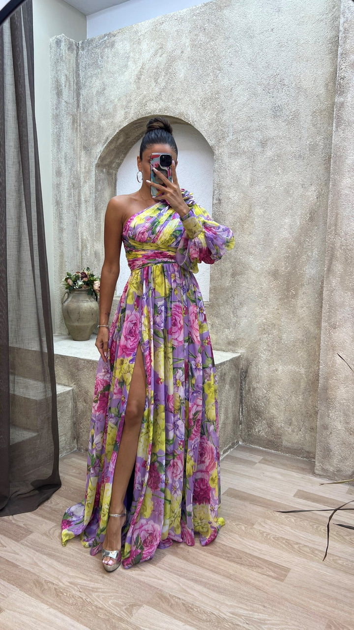 Drevia | Women's Floral One-Shoulder Puff Sleeve Slit Maxi Dress 5