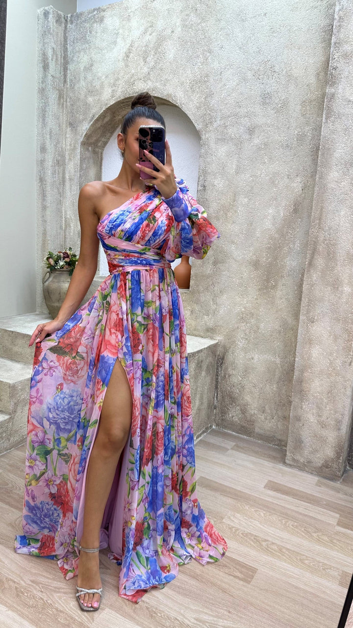 Drevia | Women's Floral One-Shoulder Puff Sleeve Slit Maxi Dress 6