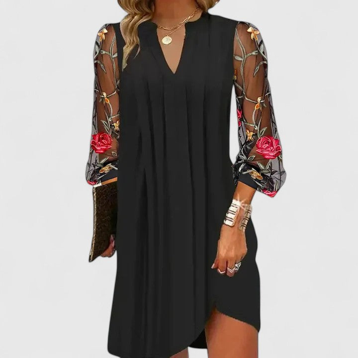 Mavelle | Women's Elegant Midi Dress V-Neck Floral Sleeves