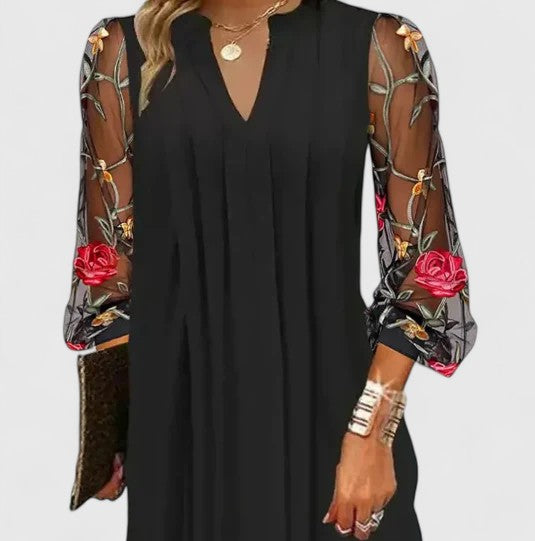 Mavelle | Women's Elegant Midi Dress V-Neck Floral Sleeves
