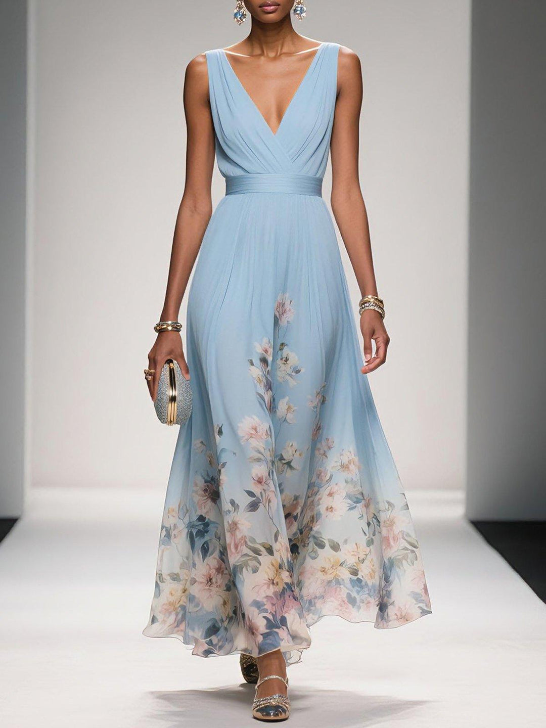 Mireska | Women's V-Neck Maxi Dress Floral Print 
