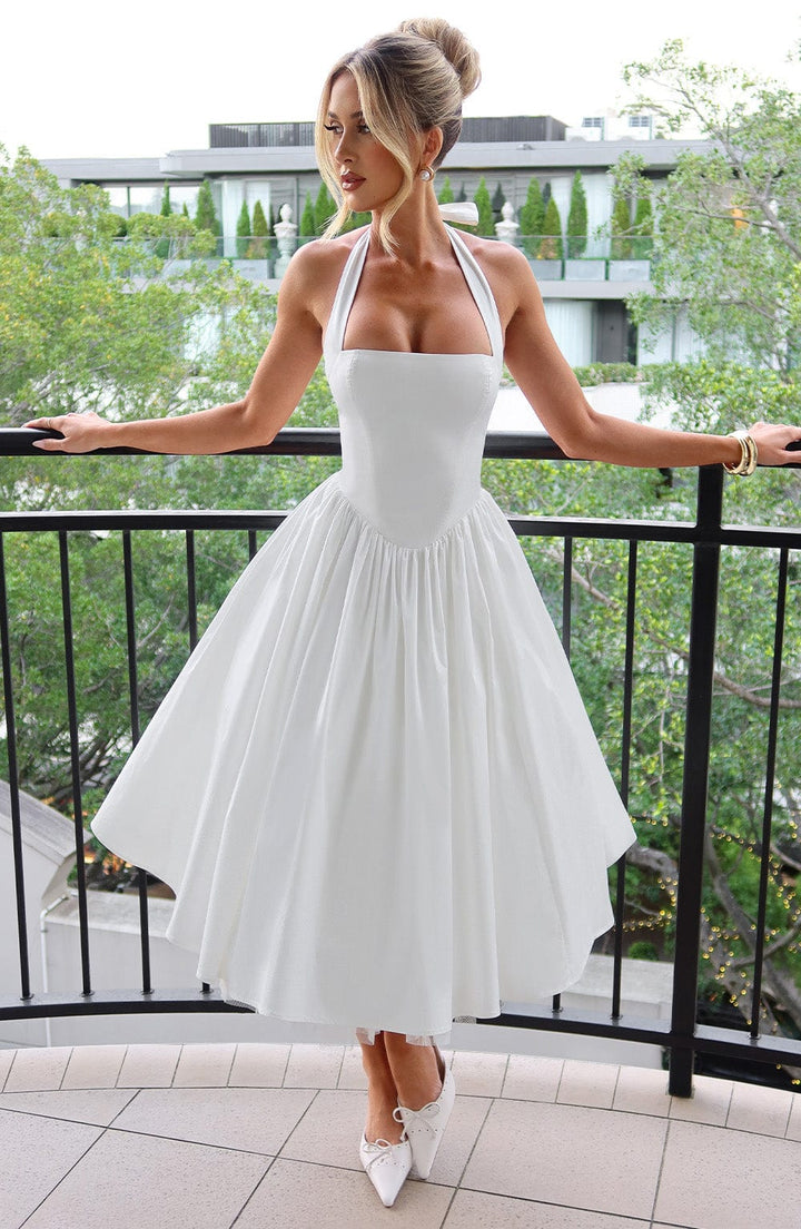 Mireya | Women's Halter Midi Dress Corset Bodice Wedding Guest