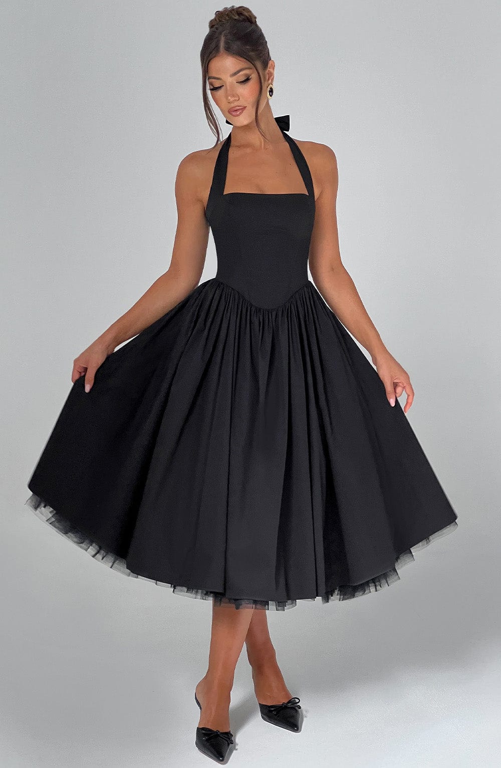 Mireya | Women's Halter Midi Dress Corset Bodice Wedding Guest