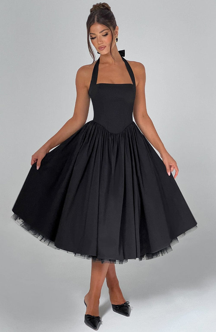 Mireya | Women's Halter Midi Dress Corset Bodice Wedding Guest