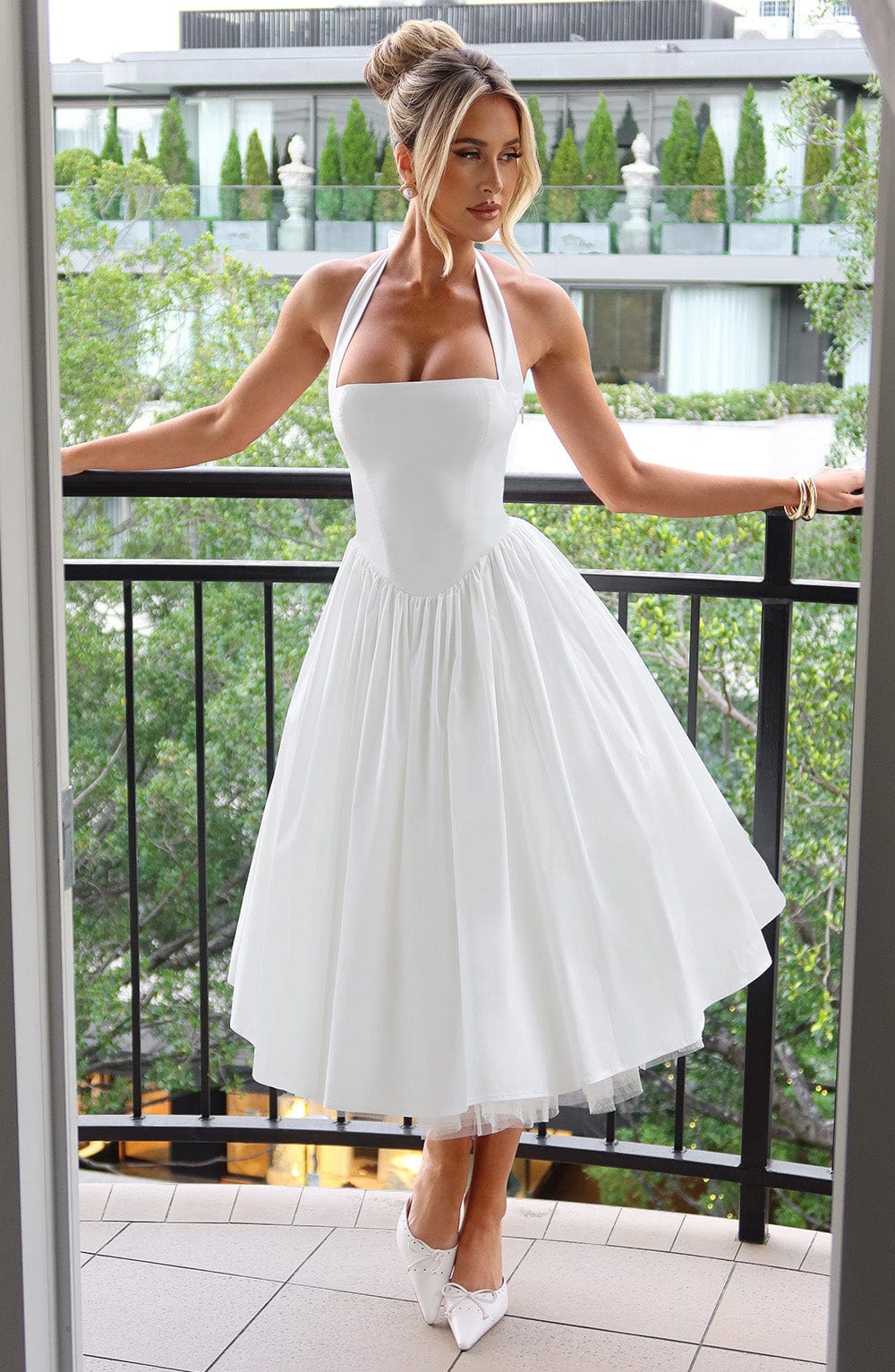 Mireya | Women's Halter Midi Dress Corset Bodice Wedding Guest