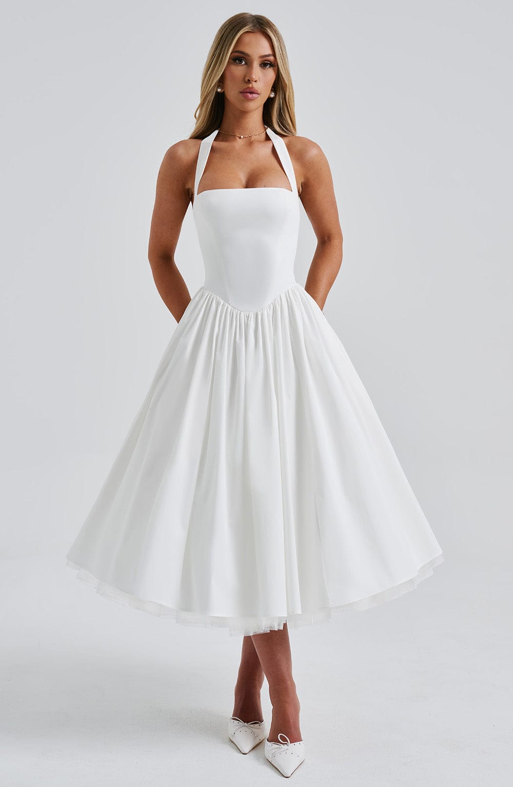 Mireya | Women's Halter Midi Dress Corset Bodice Wedding Guest