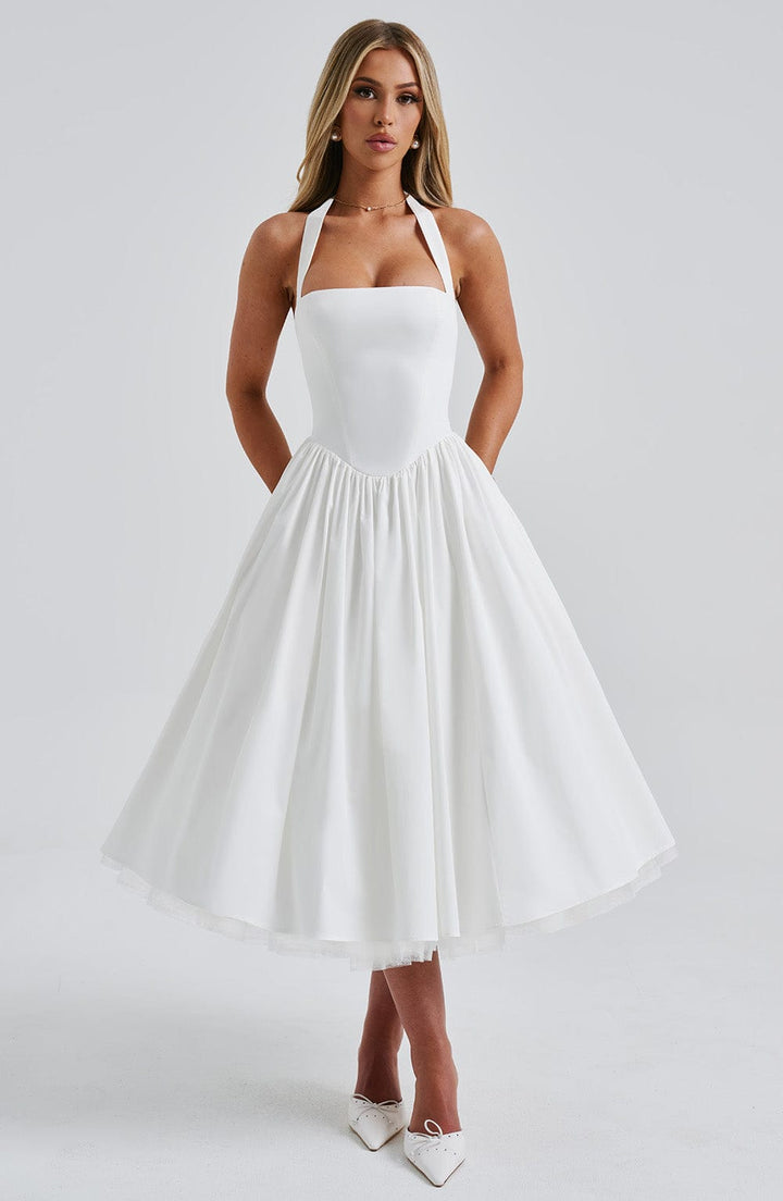 Mireya | Women's Halter Midi Dress Corset Bodice Wedding Guest