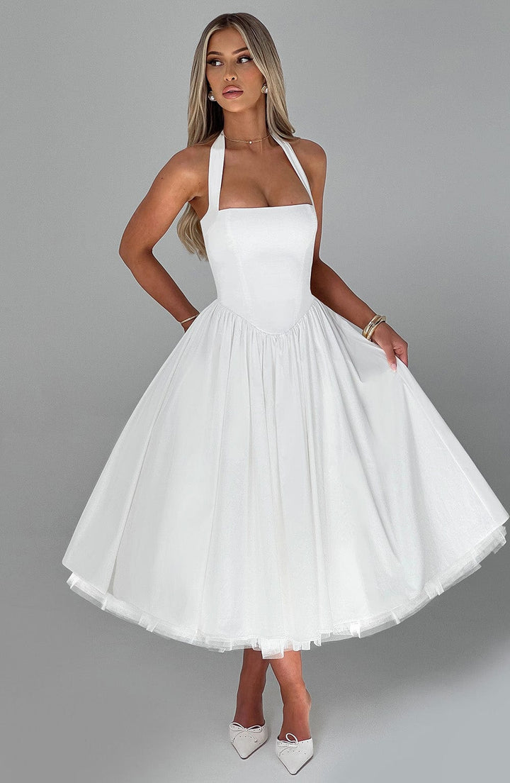 Mireya | Women's Halter Midi Dress Corset Bodice Wedding Guest