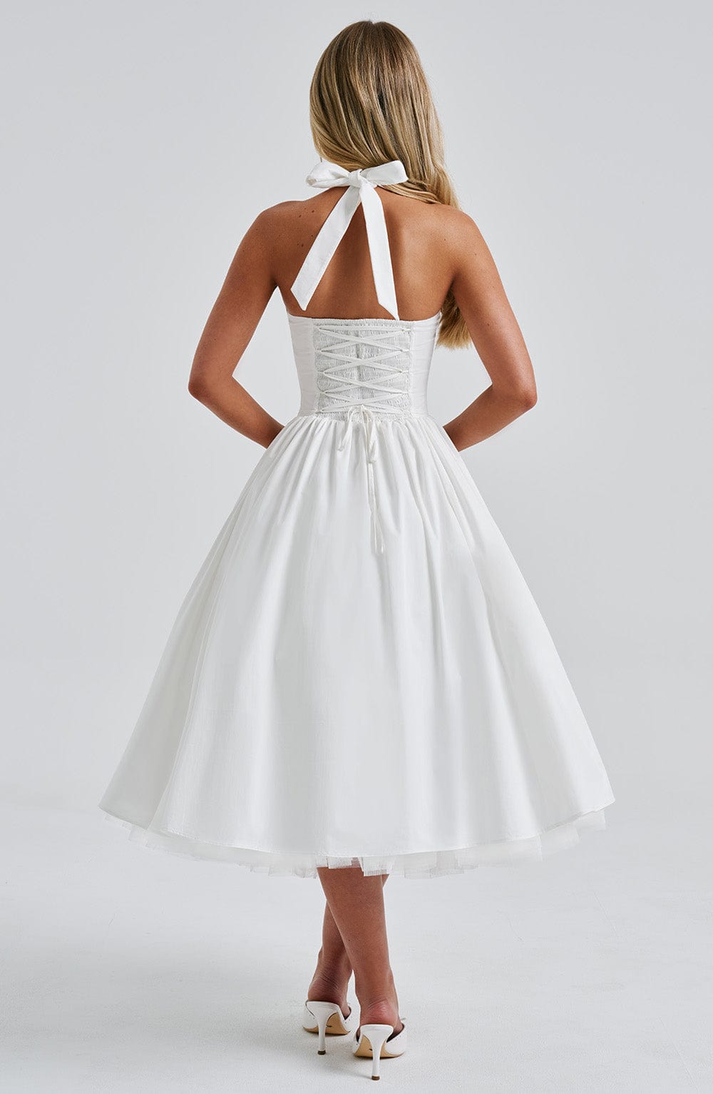 Mireya | Women's Halter Midi Dress Corset Bodice Wedding Guest