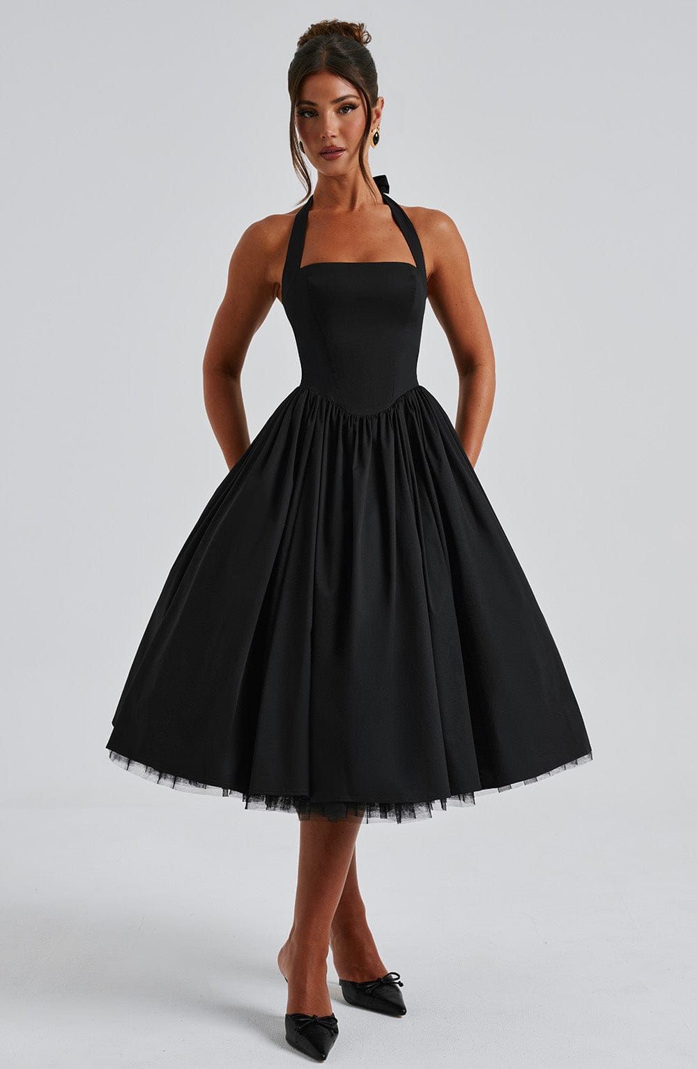 Mireya | Women's Halter Midi Dress Corset Bodice Wedding Guest