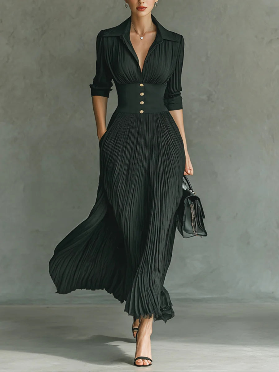 Plyra | Women's Pleated Maxi Dress Collared Button