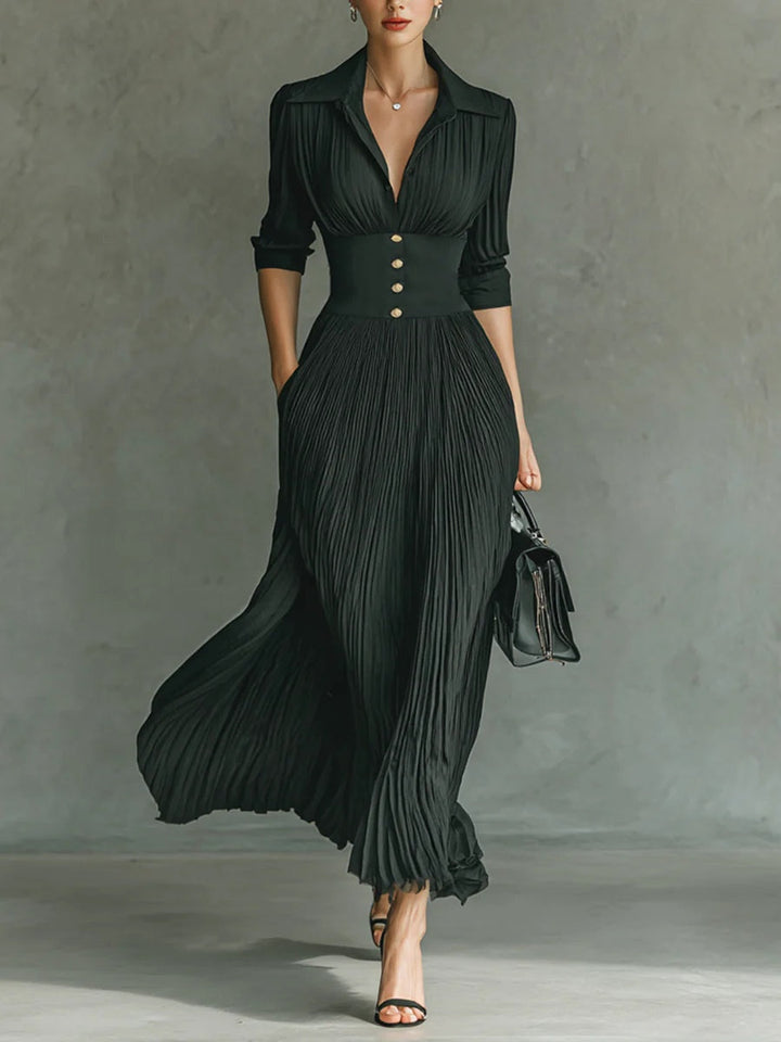 Plyra | Women's Pleated Maxi Dress Collared Button