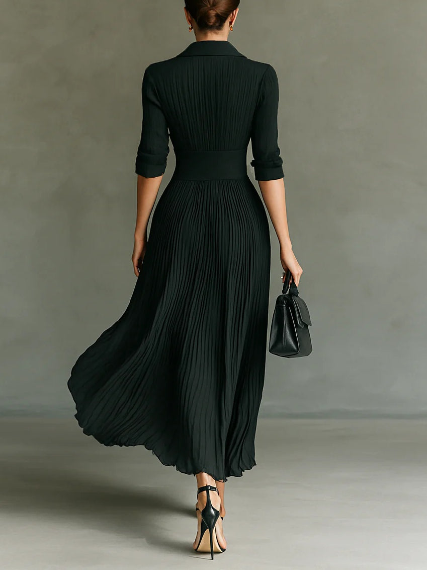Plyra | Women's Pleated Maxi Dress Collared Button