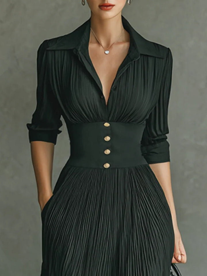 Plyra | Women's Pleated Maxi Dress Collared Button