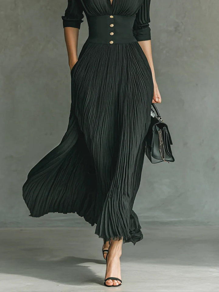 Plyra | Women's Pleated Maxi Dress Collared Button