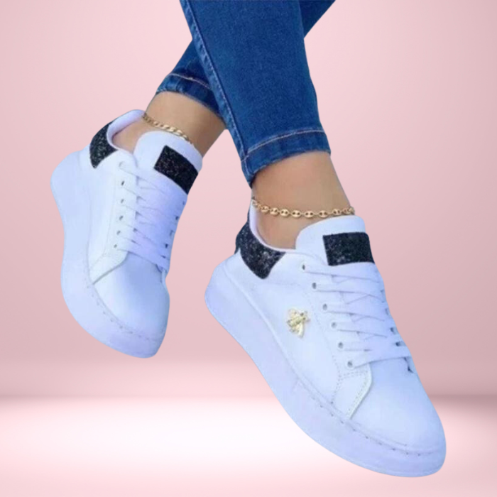 Stella | Women's Sneakers Lace-Up Glitter Panel Emblem White