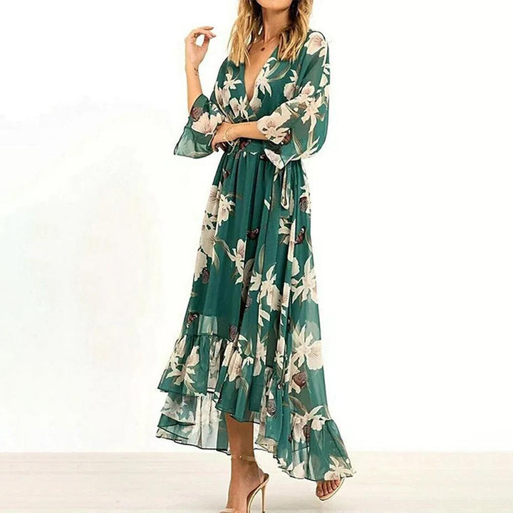 Women's Summer Long Sleeve Floral Dress with V-neck and Ruffles 0