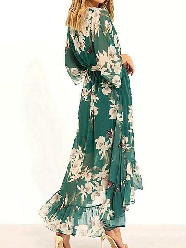 Women's Summer Long Sleeve Floral Dress with V-neck and Ruffles 1