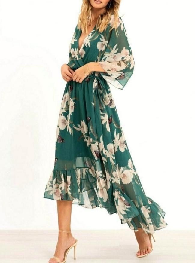 Women's Summer Long Sleeve Floral Dress with V-neck and Ruffles 2