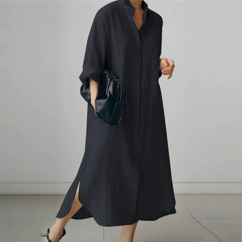 Close-up view of oversized cotton shirt dress showing relaxed fit and side slit detail