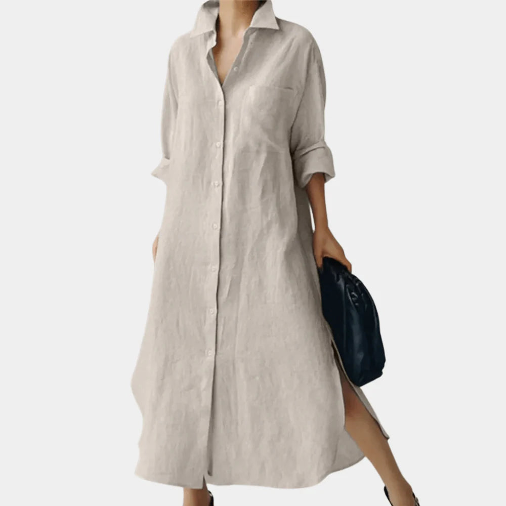 Detail shot of cotton shirt dress collar and button-through front styling