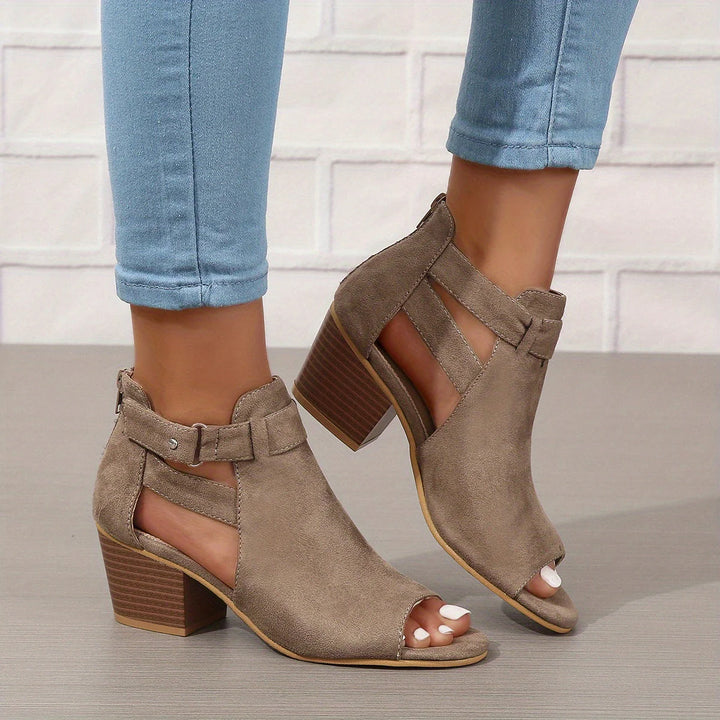 Women's block heel sandals in beige colourway with cut-out ankle design