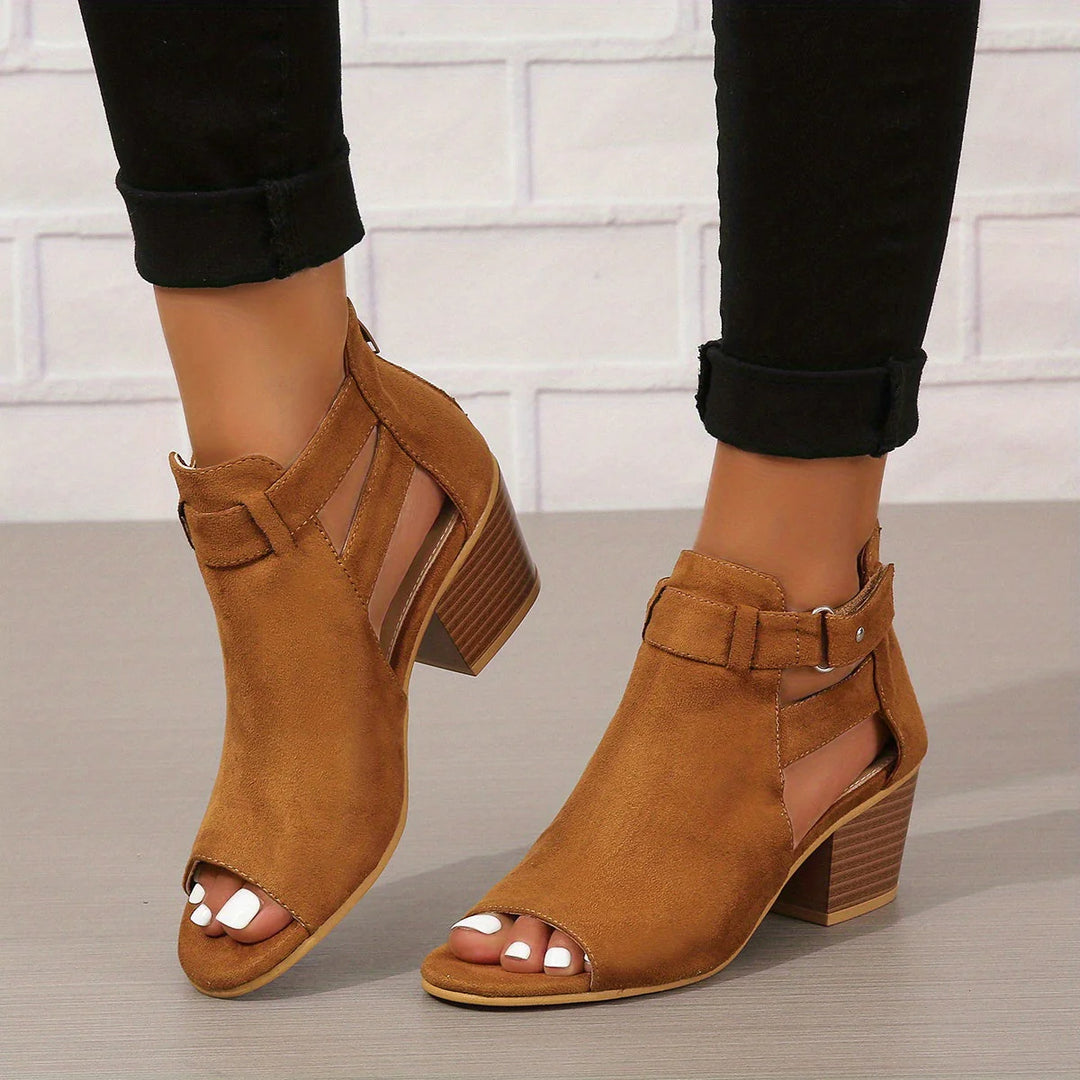 Women's block heel sandals in brown shade showing side buckle and open toe
