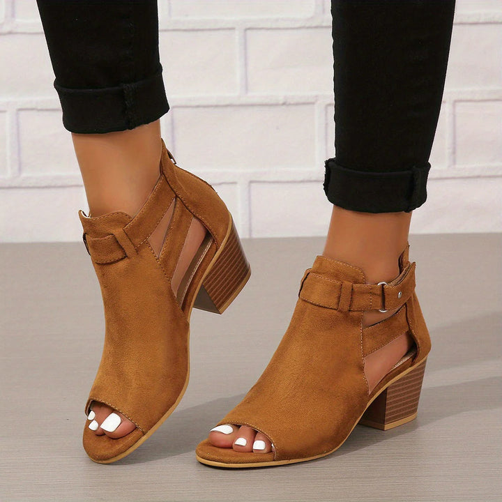 Women's block heel sandals in brown shade showing side buckle and open toe