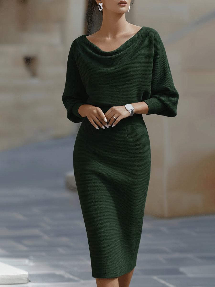 Full-length view of the Women's Boat Neck Batwing Sleeve Midi Bodycon Dress styled with ankle boots