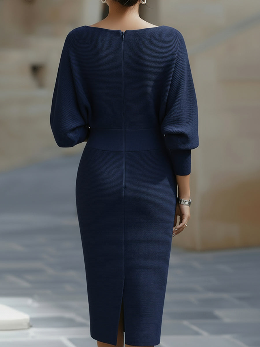 Front view of the Women's Boat Neck Batwing Sleeve Midi Bodycon Dress in natural daylight