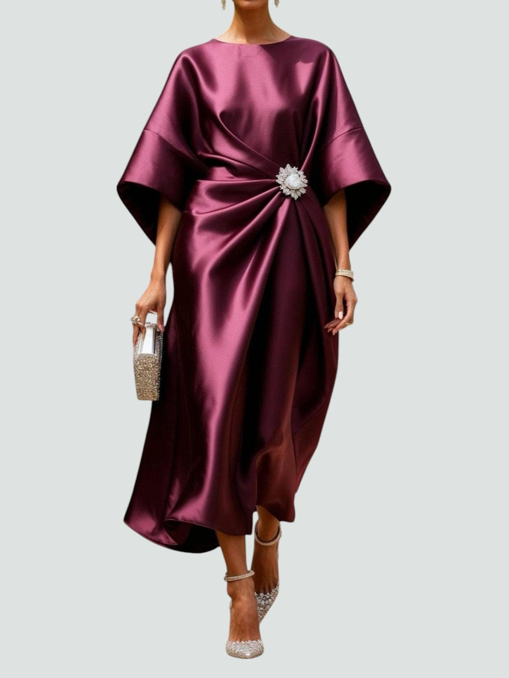 Side view of Women's Elegant Draped Brooch Maxi Dress showing draped waist and asymmetric hem