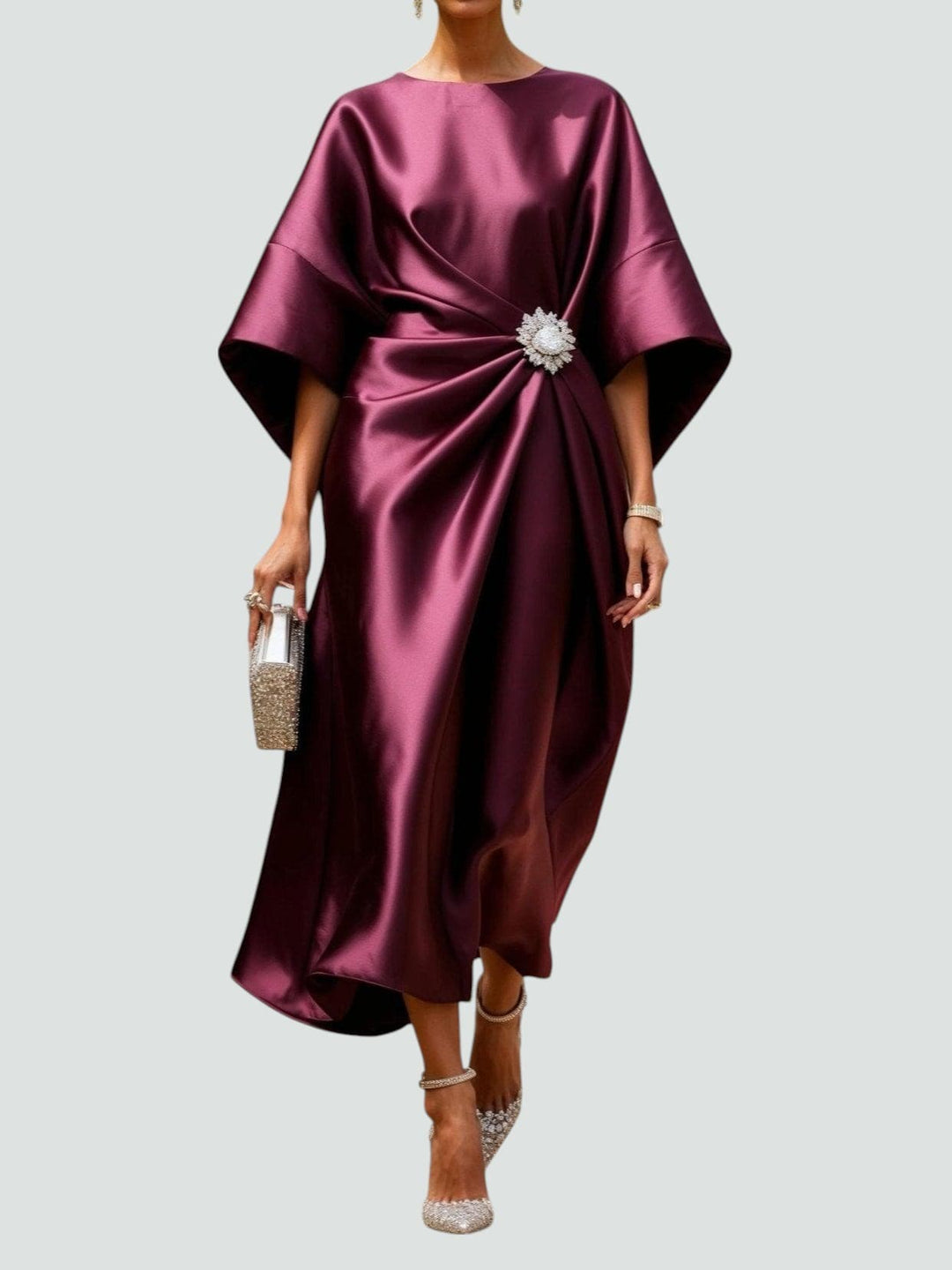 Side view of Women's Elegant Draped Brooch Maxi Dress showing draped waist and asymmetric hem