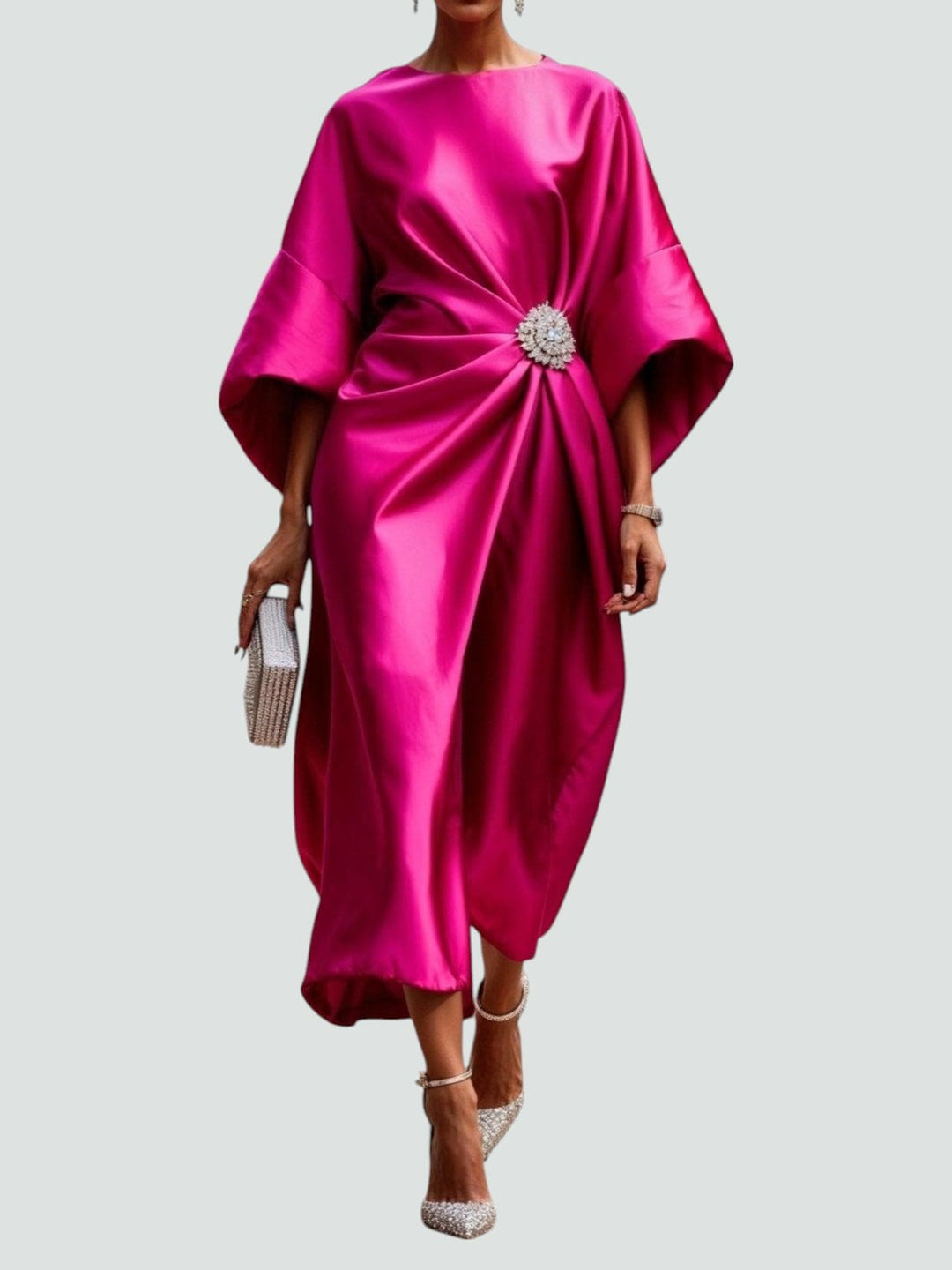 Back view of Women's Elegant Draped Brooch Maxi Dress with boat neckline and wide sleeves