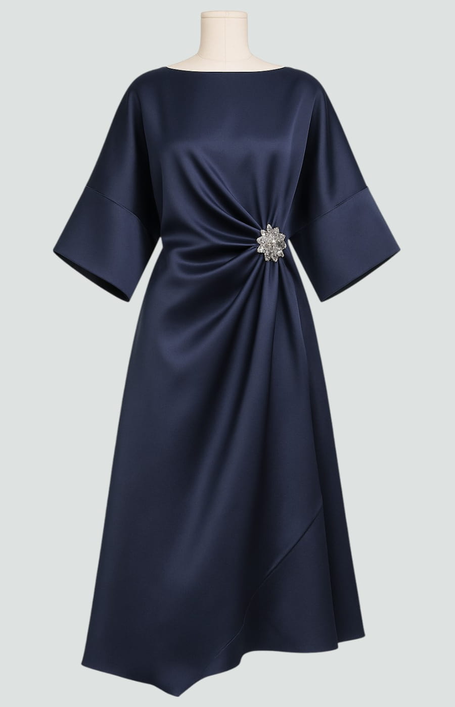 Detail of gathered waist and brooch on Women's Elegant Draped Brooch Maxi Dress
