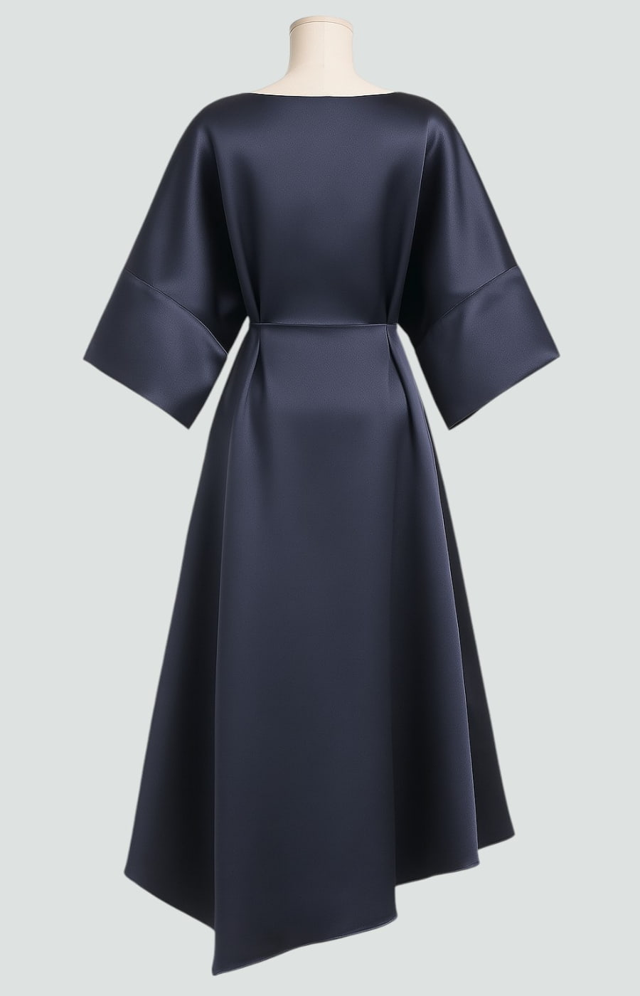 Women's Elegant Draped Brooch Maxi Dress in navy with smooth lustrous fabric finish