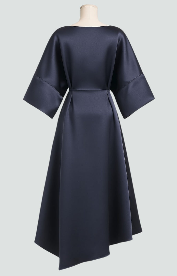 Women's Elegant Draped Brooch Maxi Dress in navy with smooth lustrous fabric finish