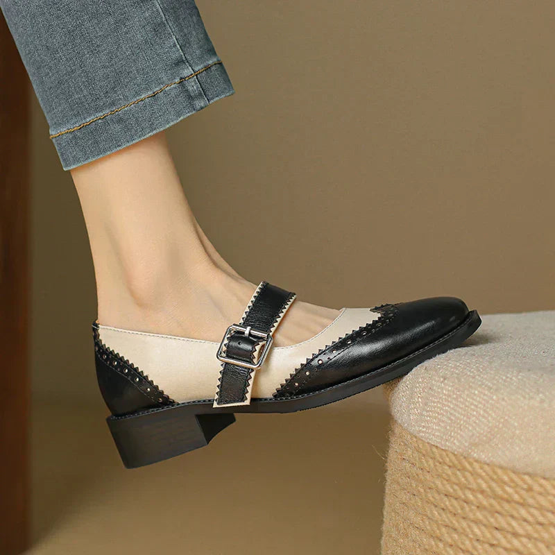 Close-up view of Women's Everyday Leather Mary Janes showing vintage-inspired scalloped edges and contrast stitching detail