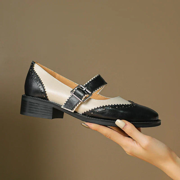 Side angle of Women's Everyday Leather Mary Janes displaying low stable heel and rounded toe construction