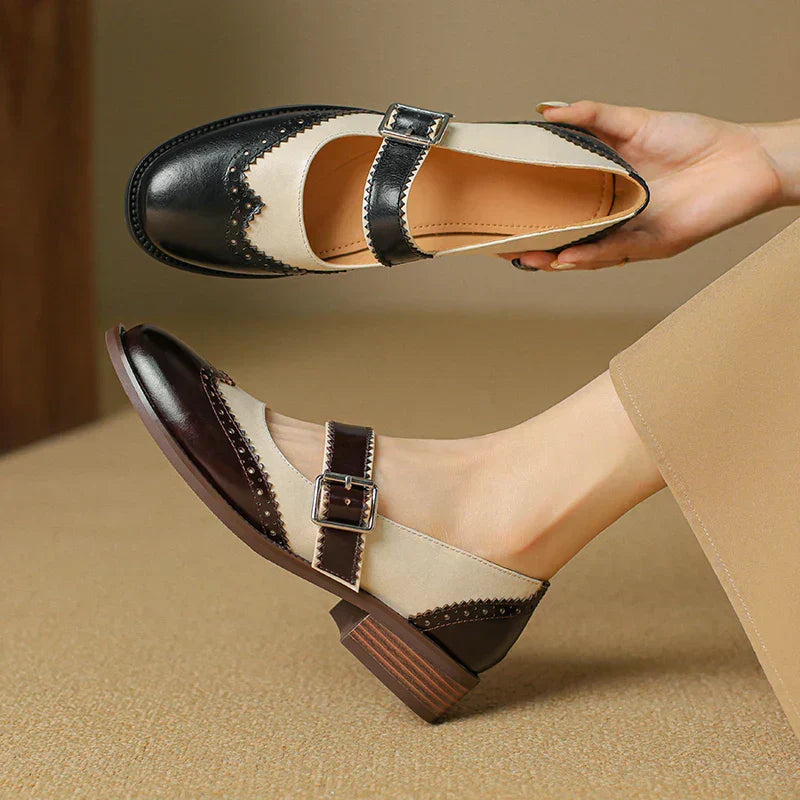 Overhead view of Women's Everyday Leather Mary Janes highlighting scalloped edges and vintage two-tone colour blocking