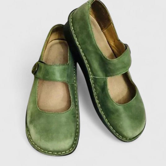 Women's Mary Jane loafers in green with adjustable strap and contrast stitching detail