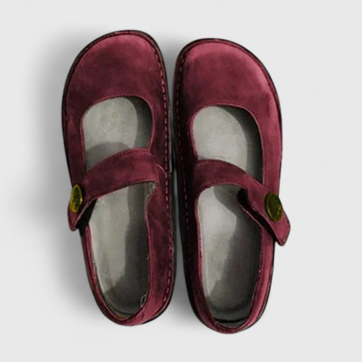 Top view of Mary Jane loafers showing adjustable strap and rounded toe shape