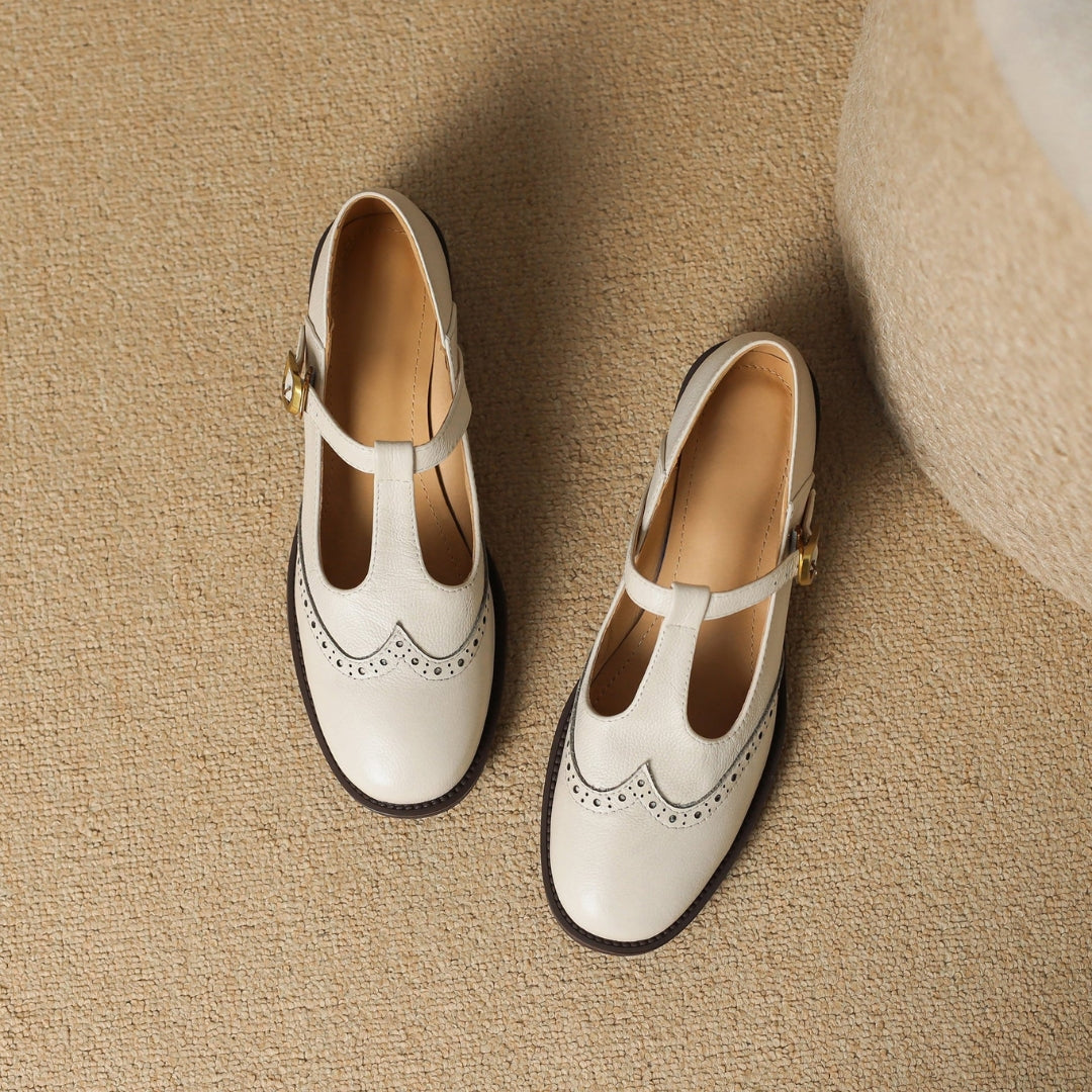 Amelia women's orthopaedic mary jane shoes in cream with T-bar strap and brogue detailing