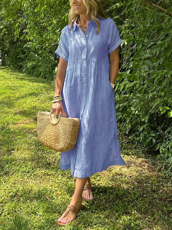 Woman wearing Women's Striped Button Front Midi Dress in blue and white vertical stripes with collared neckline