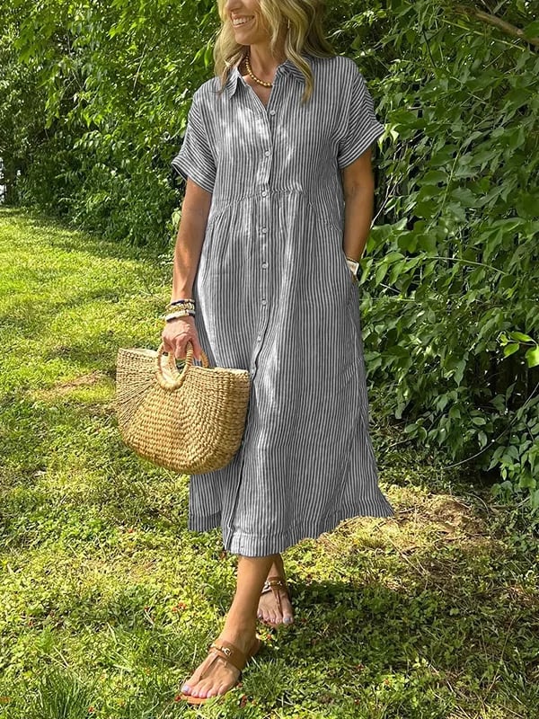 Woman wearing Women's Striped Button Front Midi Dress outdoors demonstrating versatile casual styling