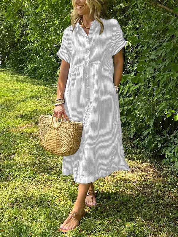 Close-up view of Women's Striped Button Front Midi Dress showing button-through front and gathered waist detail