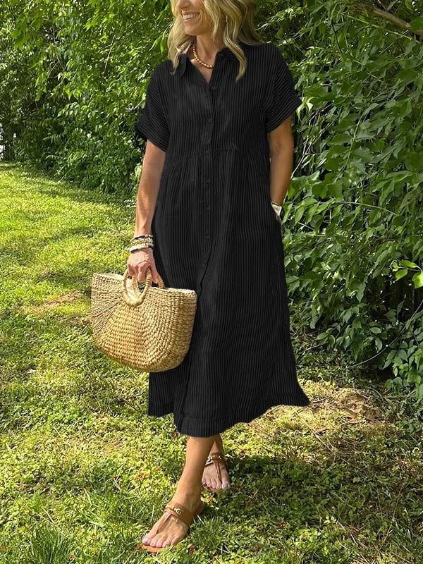 Side view of Women's Striped Button Front Midi Dress displaying relaxed midi-length silhouette and short sleeves