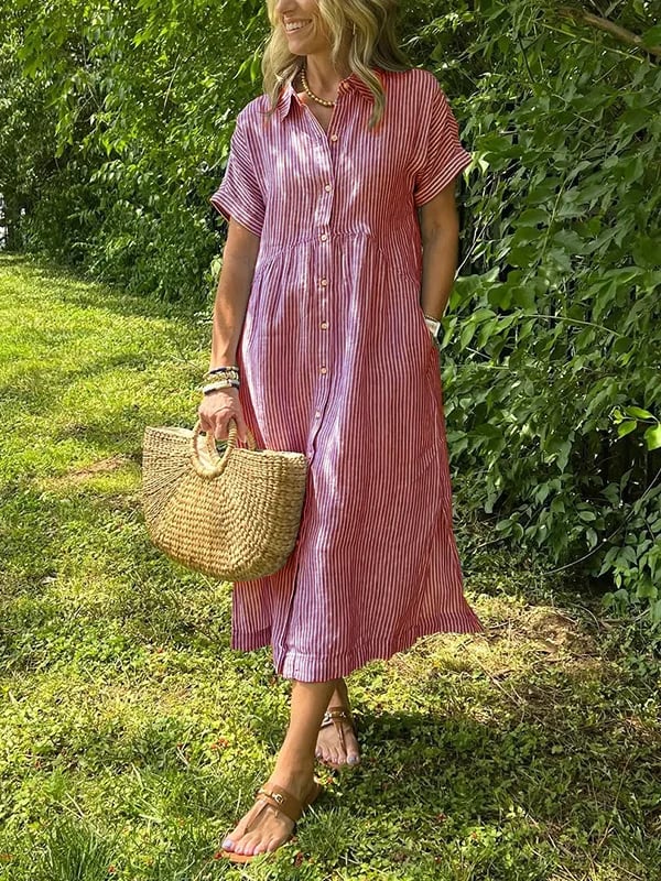 Full-length view of Women's Striped Button Front Midi Dress styled with woven basket bag for summer casual wear